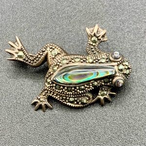 Sterling Silver Abalone Inlay Frog Toad Brooch Pin Marcasite Accent 925